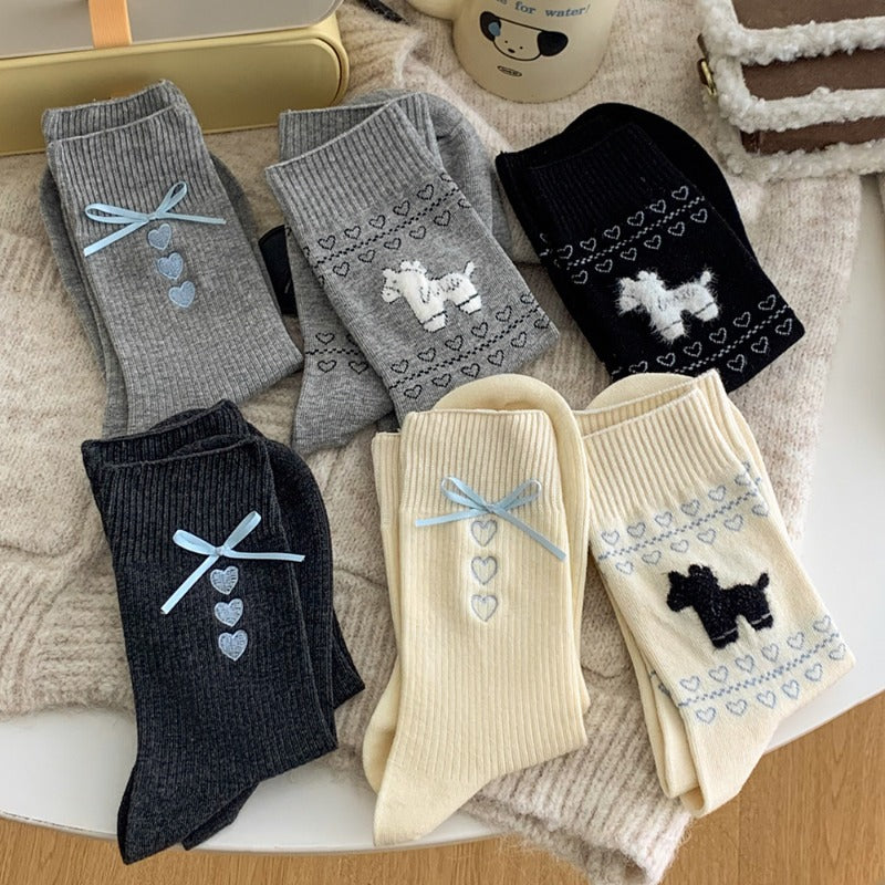 Elegant Embroidered Bow Cotton Socks