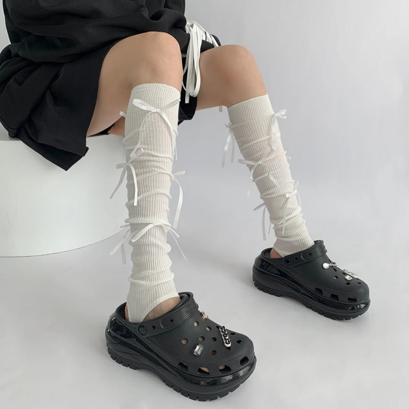 Chic Ribbed Tie-Up Calf Socks