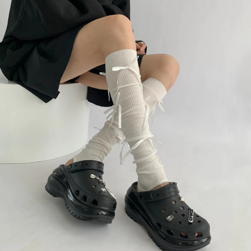 Chic Ribbed Tie-Up Calf Socks