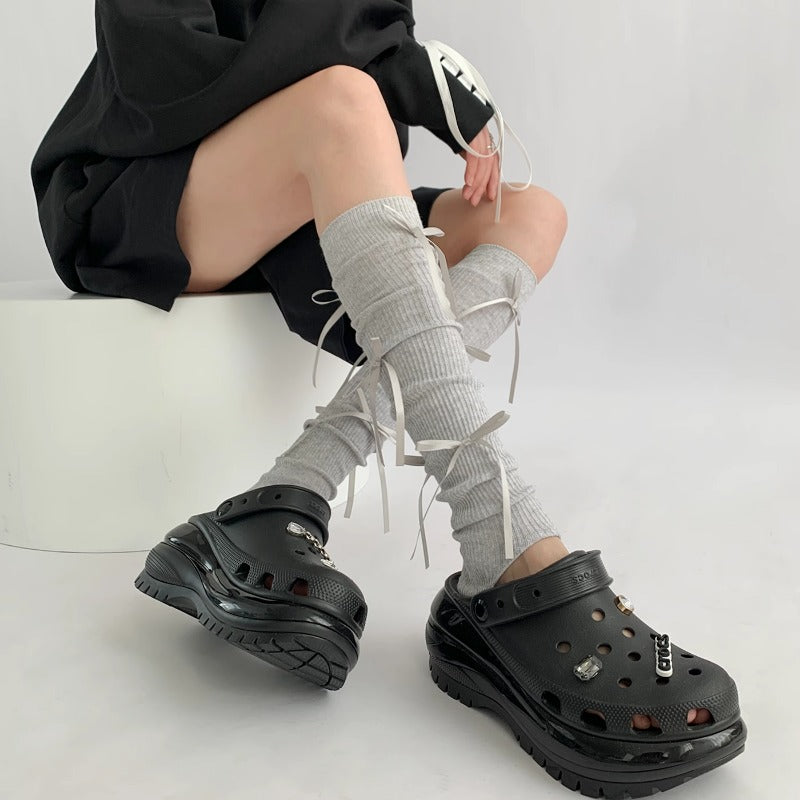 Chic Ribbed Tie-Up Calf Socks