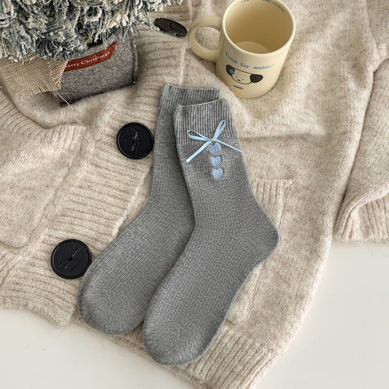 Elegant Embroidered Bow Cotton Socks