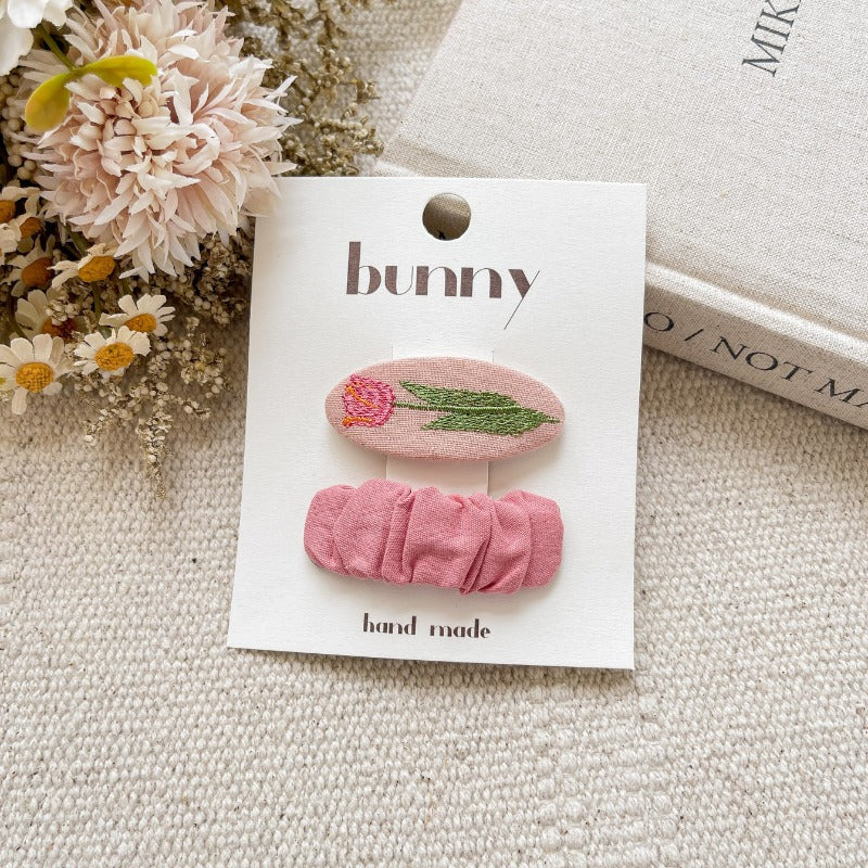 Handmade Pink Embroidered Hair Clips
