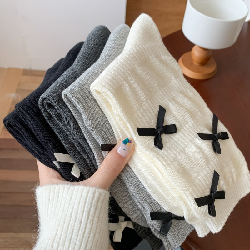 Cozy Bowknot Ribbed Cotton Socks