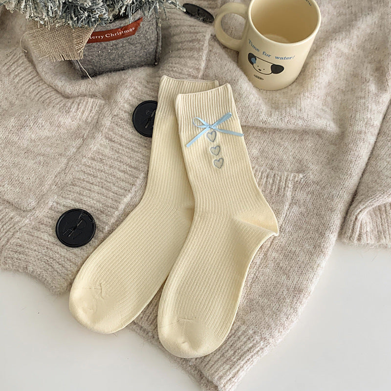 Elegant Embroidered Bow Cotton Socks