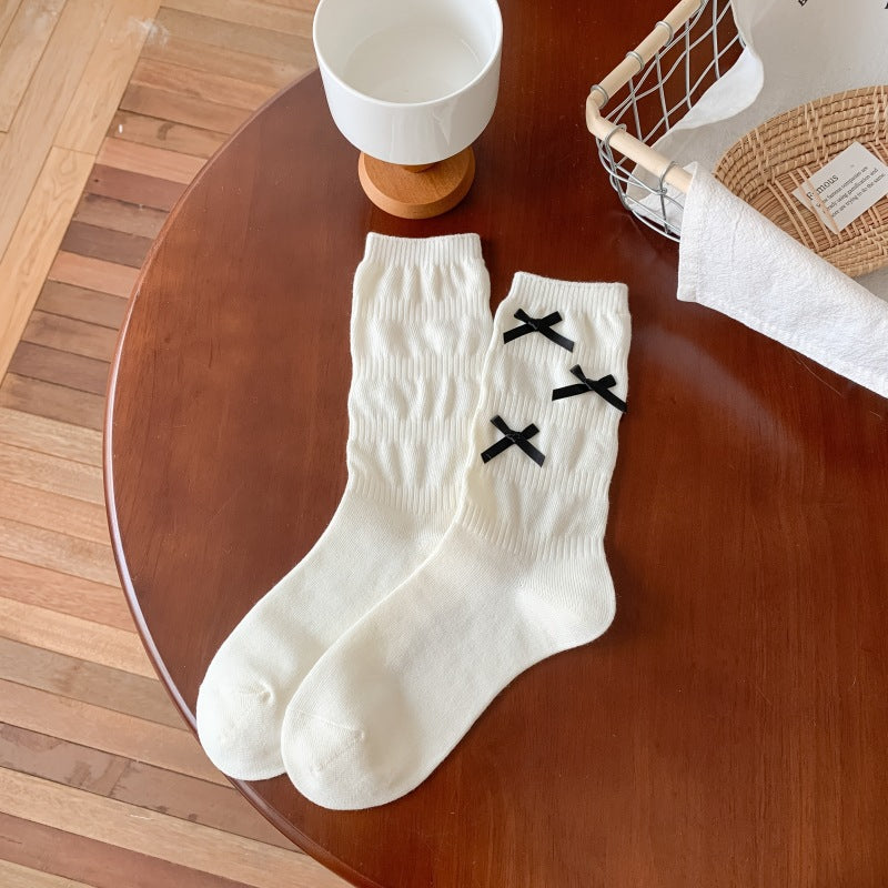 Cozy Bowknot Ribbed Cotton Socks