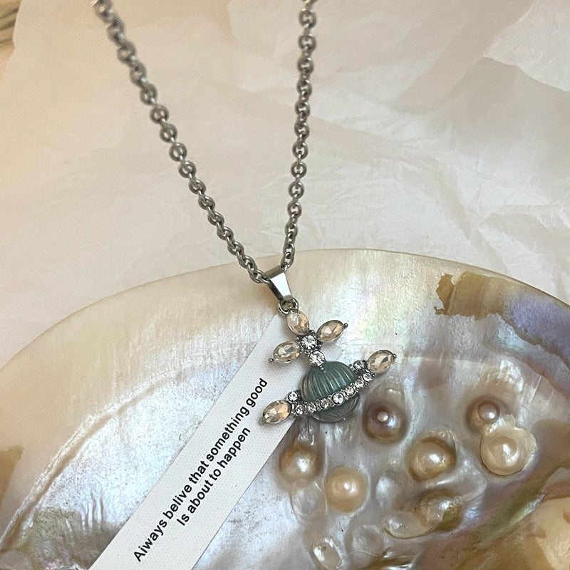 Rhinestone Planet Charm Necklace
