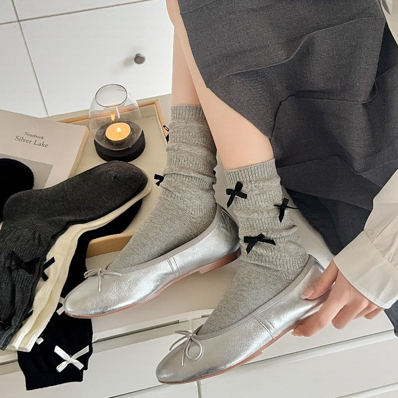 Cozy Bowknot Ribbed Cotton Socks