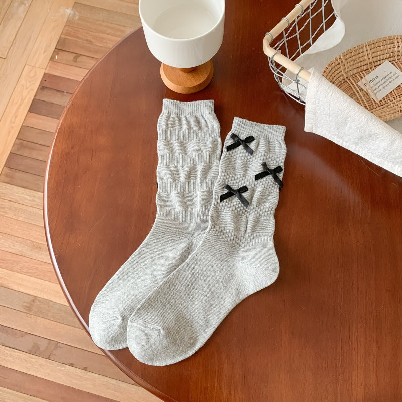 Cozy Bowknot Ribbed Cotton Socks
