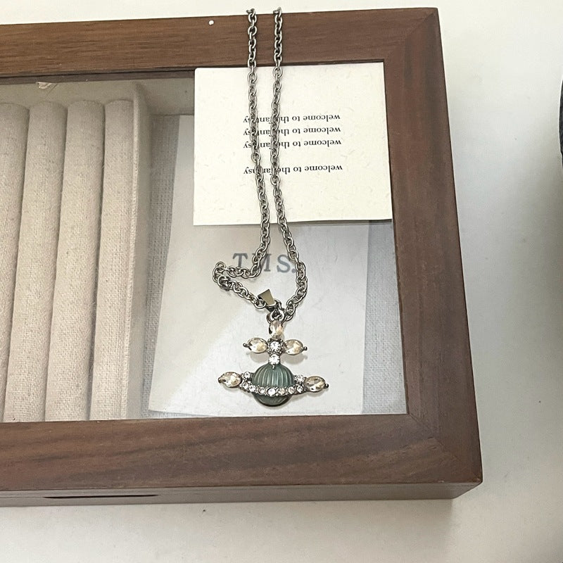 Rhinestone Planet Charm Necklace