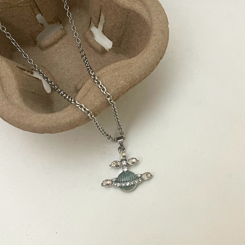 Rhinestone Planet Charm Necklace