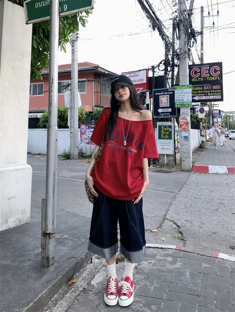 Off Shoulder Oversized Red Tee
