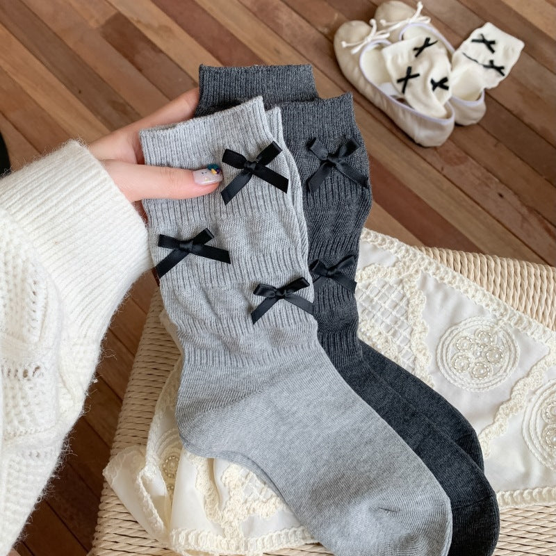 Cozy Bowknot Ribbed Cotton Socks