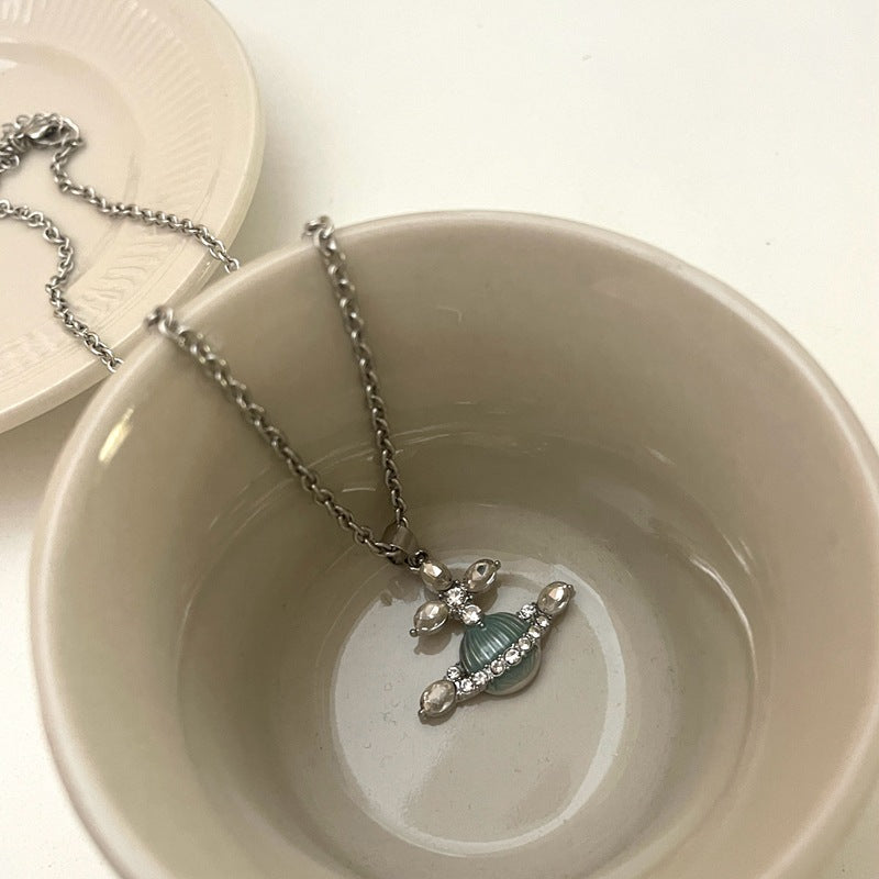 Rhinestone Planet Charm Necklace