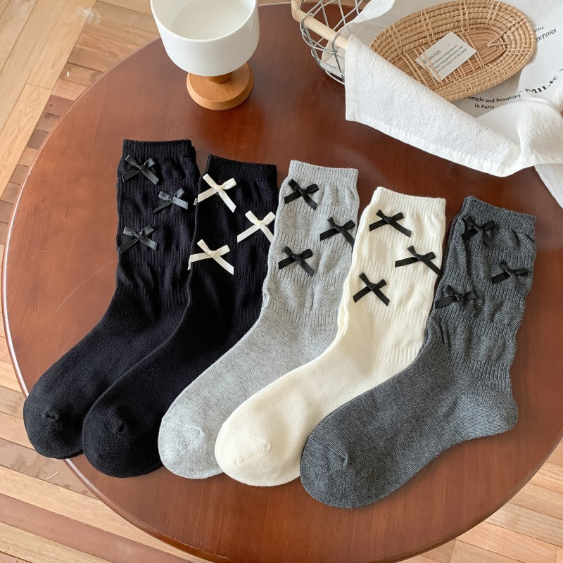 Cozy Bowknot Ribbed Cotton Socks