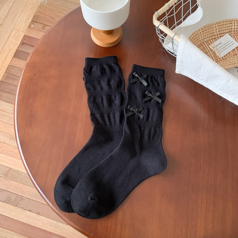 Cozy Bowknot Ribbed Cotton Socks