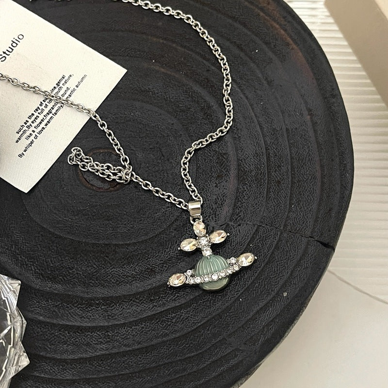 Rhinestone Planet Charm Necklace