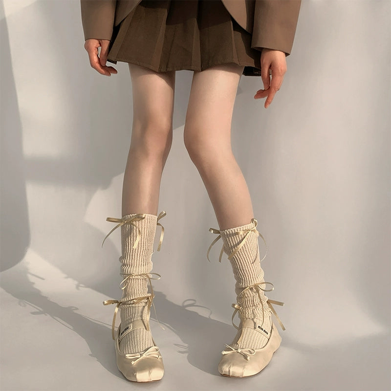 Elegant Cream Ribbed Ballet-Inspired Lace-Up Socks