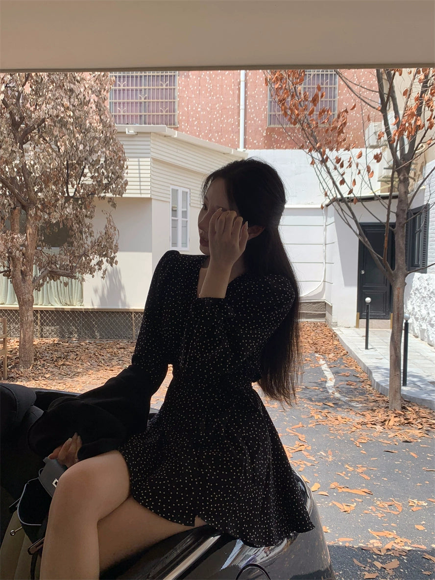 Elegant Black Polka Dot Long Sleeve Wrap Dress