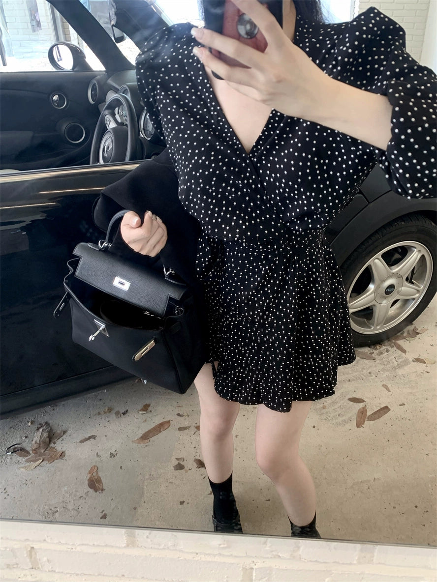 Elegant Black Polka Dot Long Sleeve Wrap Dress