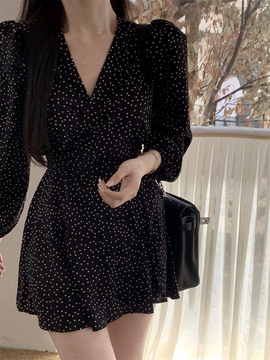 Elegant Black Polka Dot Long Sleeve Wrap Dress