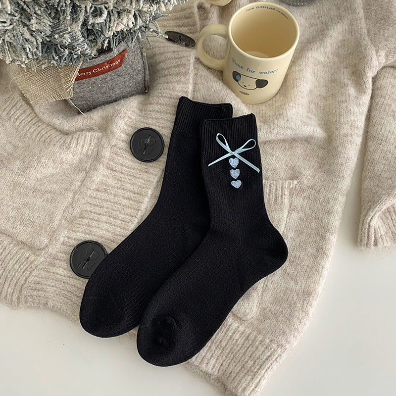 Elegant Embroidered Bow Cotton Socks