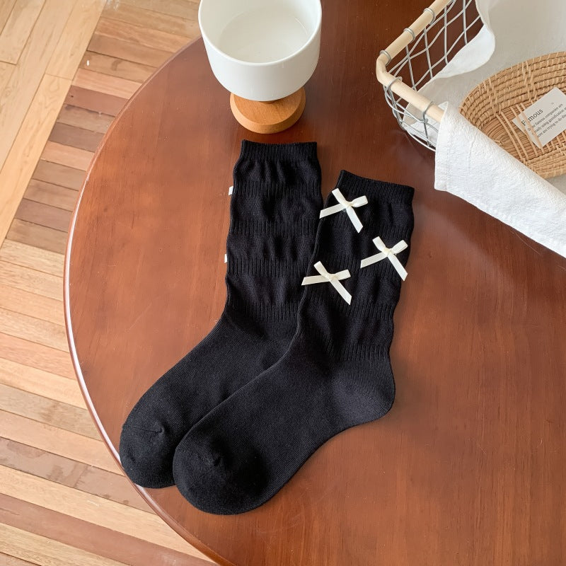 Cozy Bowknot Ribbed Cotton Socks