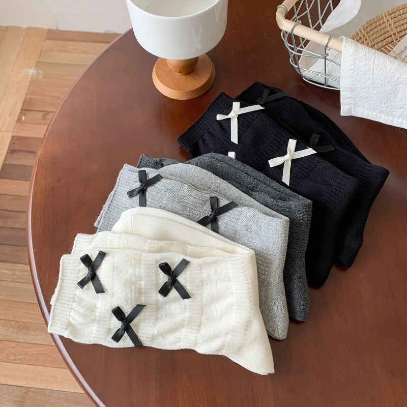Cozy Bowknot Ribbed Cotton Socks