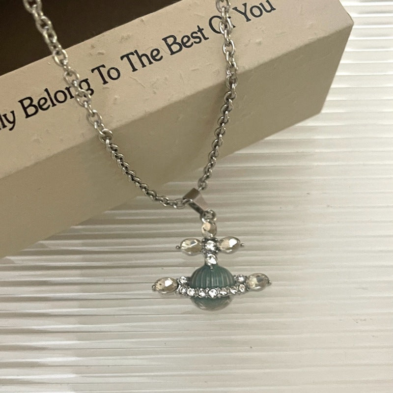 Rhinestone Planet Charm Necklace