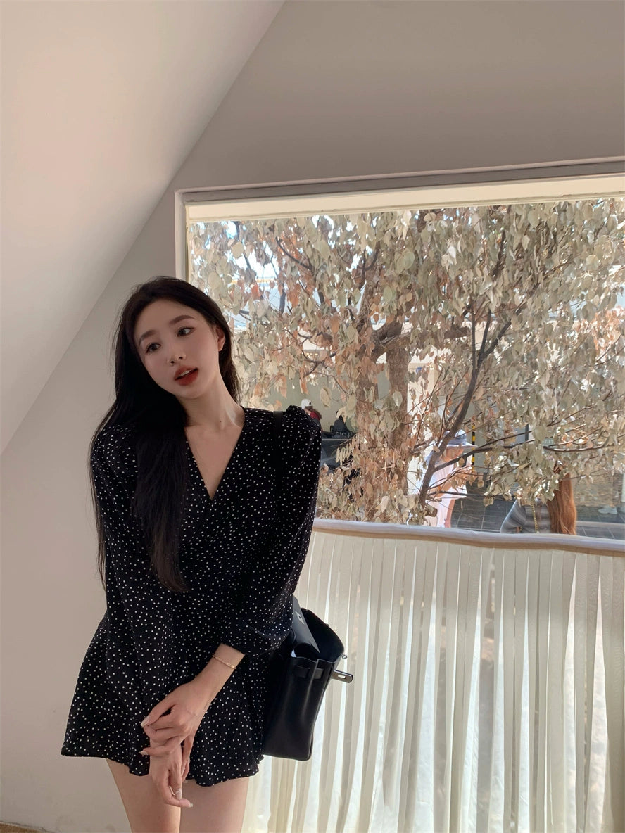 Elegant Black Polka Dot Long Sleeve Wrap Dress