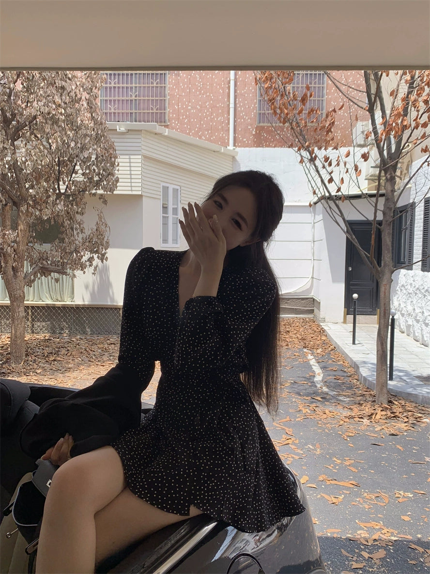 Elegant Black Polka Dot Long Sleeve Wrap Dress
