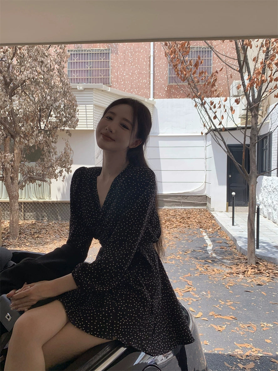 Elegant Black Polka Dot Long Sleeve Wrap Dress