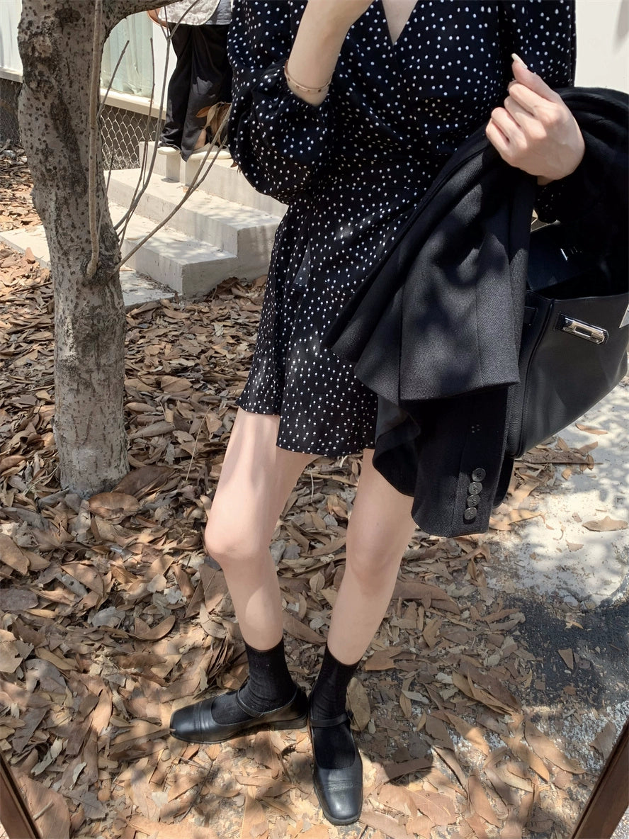 Elegant Black Polka Dot Long Sleeve Wrap Dress