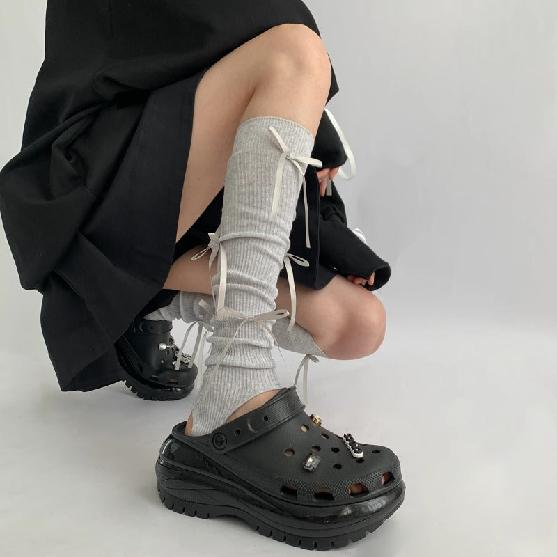 Chic Ribbed Tie-Up Calf Socks