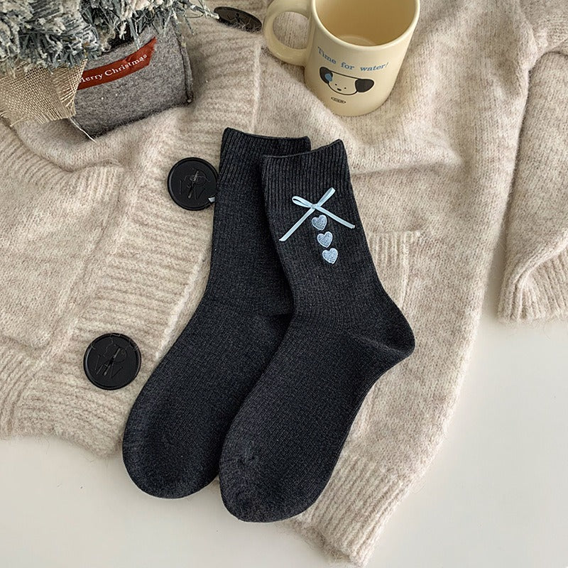 Elegant Embroidered Bow Cotton Socks