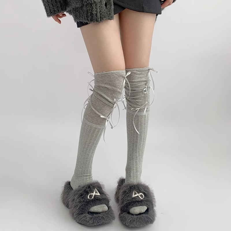 Stylish Gray Over-Knee Ribbon Socks