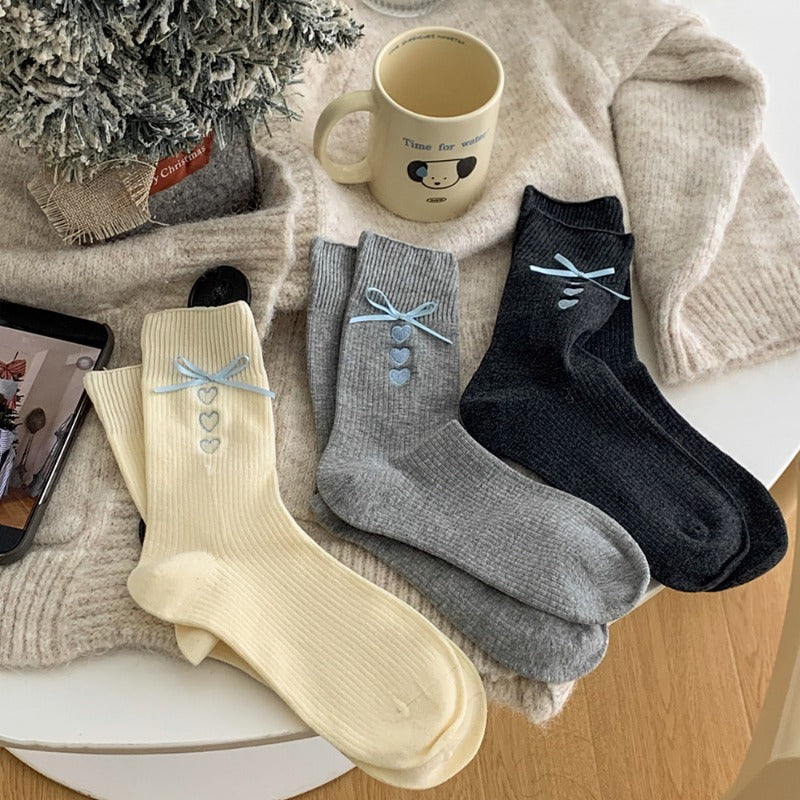 Elegant Embroidered Bow Cotton Socks