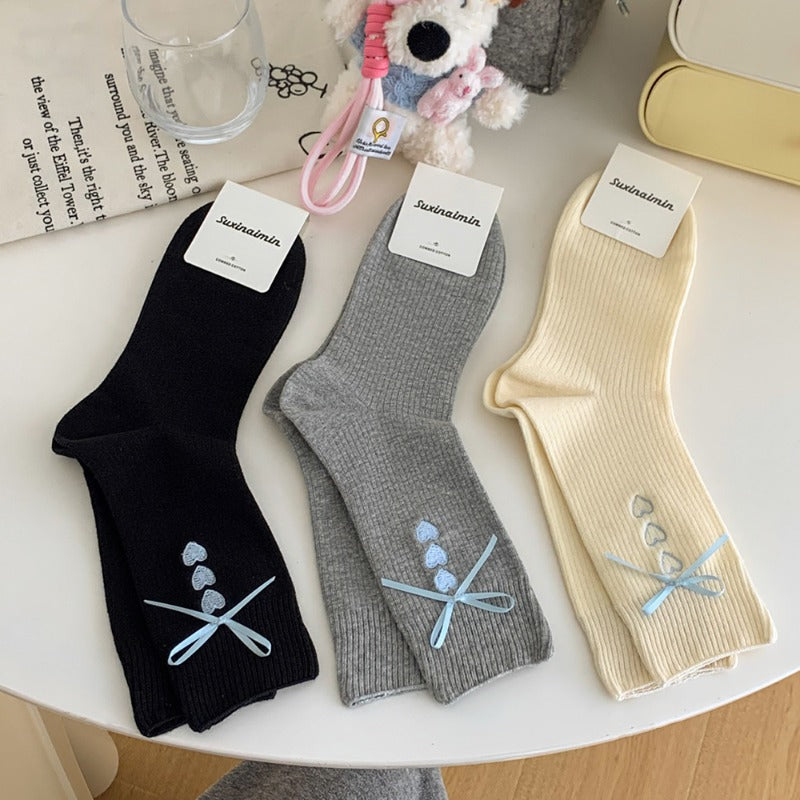 Elegant Embroidered Bow Cotton Socks