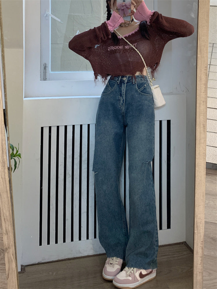 Ripped Straight Denim Jeans