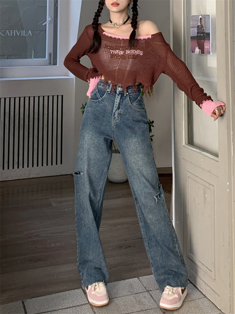 Ripped Straight Denim Jeans