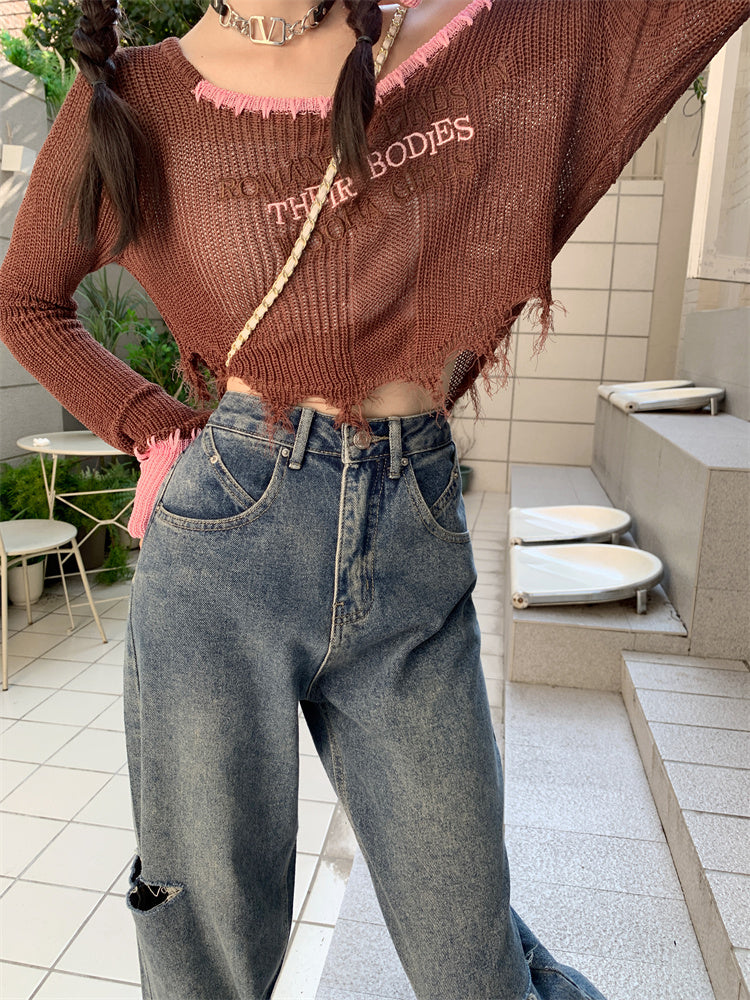 Ripped Straight Denim Jeans