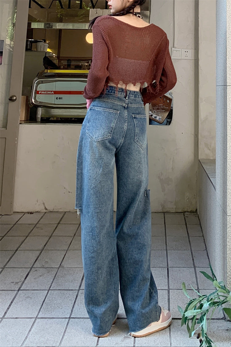 Ripped Straight Denim Jeans
