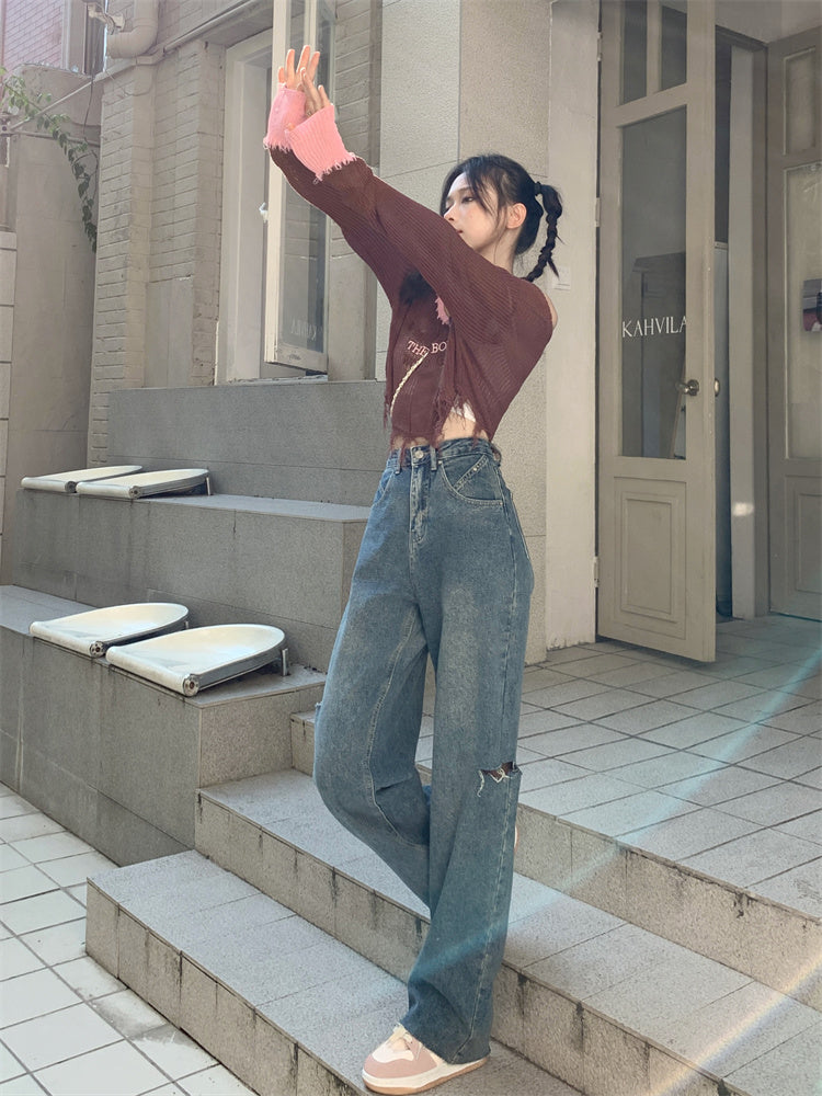 Ripped Straight Denim Jeans
