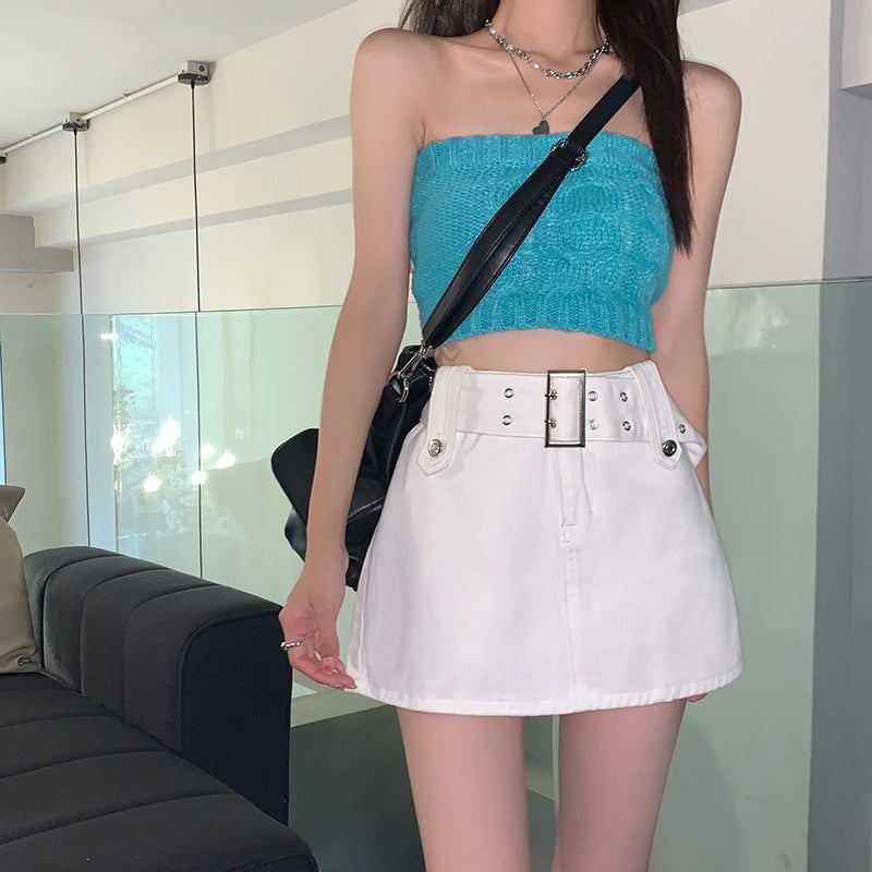 Hight Wais Belt Denim Skirt