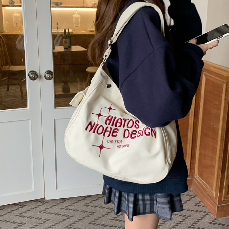 Letter Printed Canvas Shoulder Bag