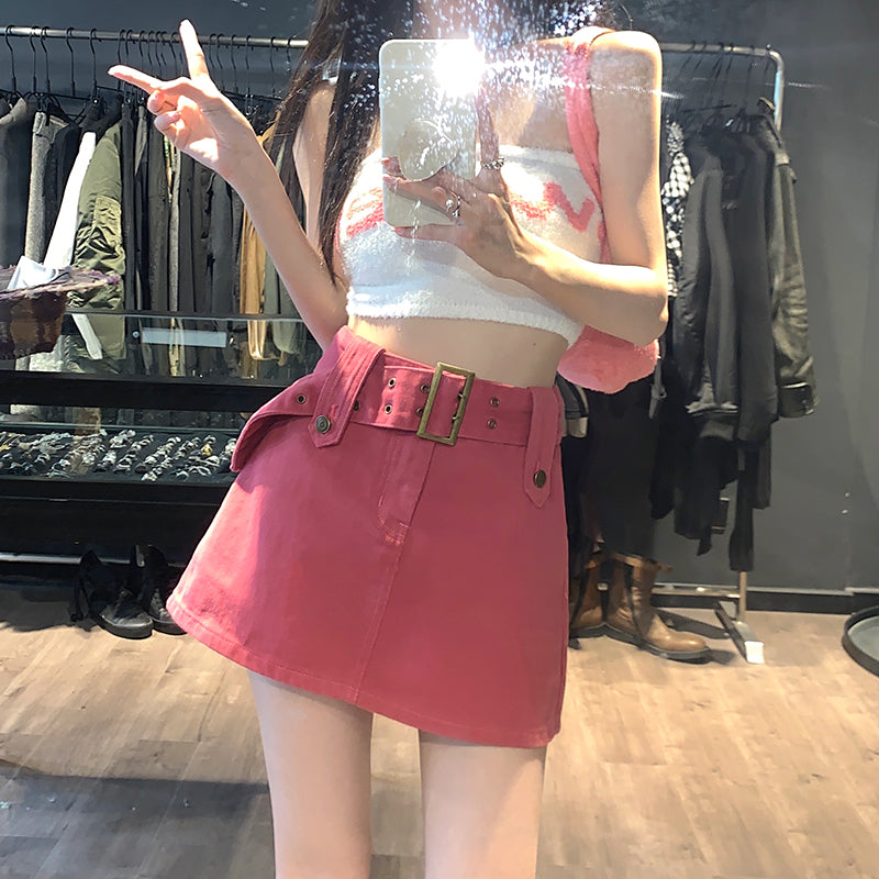 Hight Wais Belt Denim Skirt