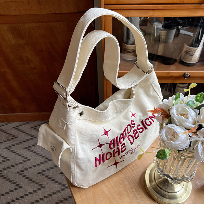 Letter Printed Canvas Shoulder Bag