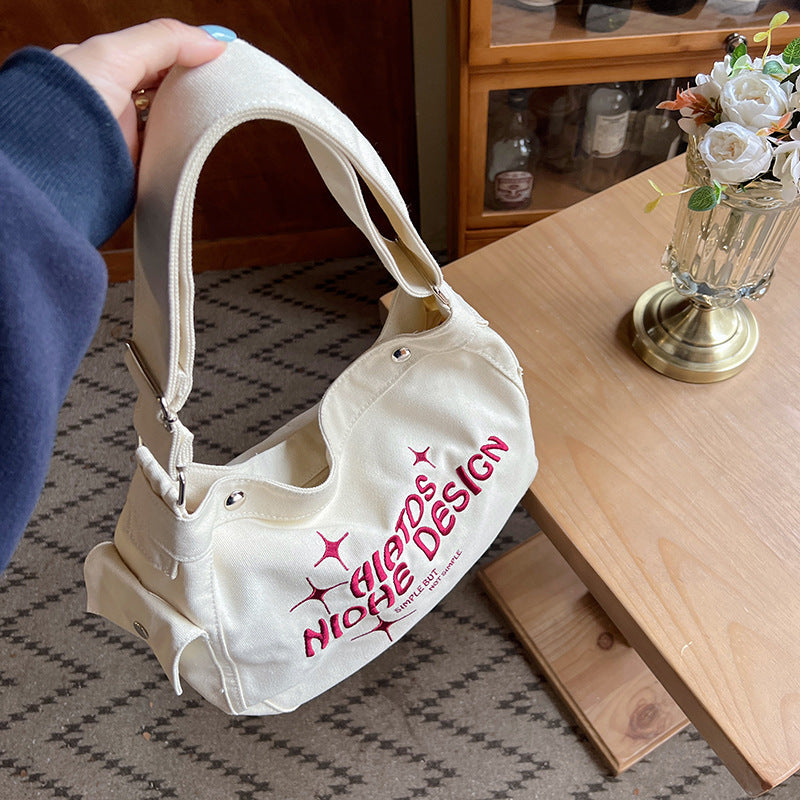Letter Printed Canvas Shoulder Bag